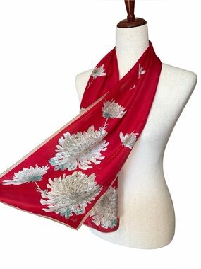 Vintage Vera Neumann Floral Silk Scarf Red Chrysanthemum #2272